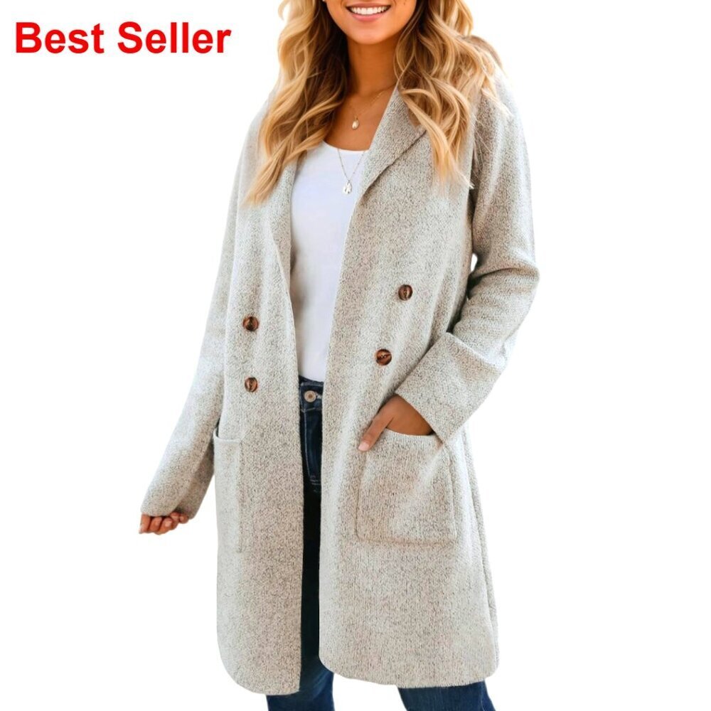 Long Knit Cardigan Sweater Jacket with Pockets, Notch Lapels, Chunky Fabric - Picture 1 of 7